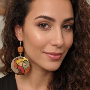 NWT Boho Abstract Hand Painted Wooden Statement Earrings Retro 70s Dangles